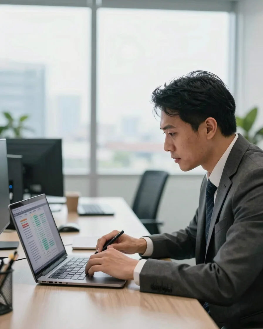 Professional sales strategist reviewing pipeline data on a laptop